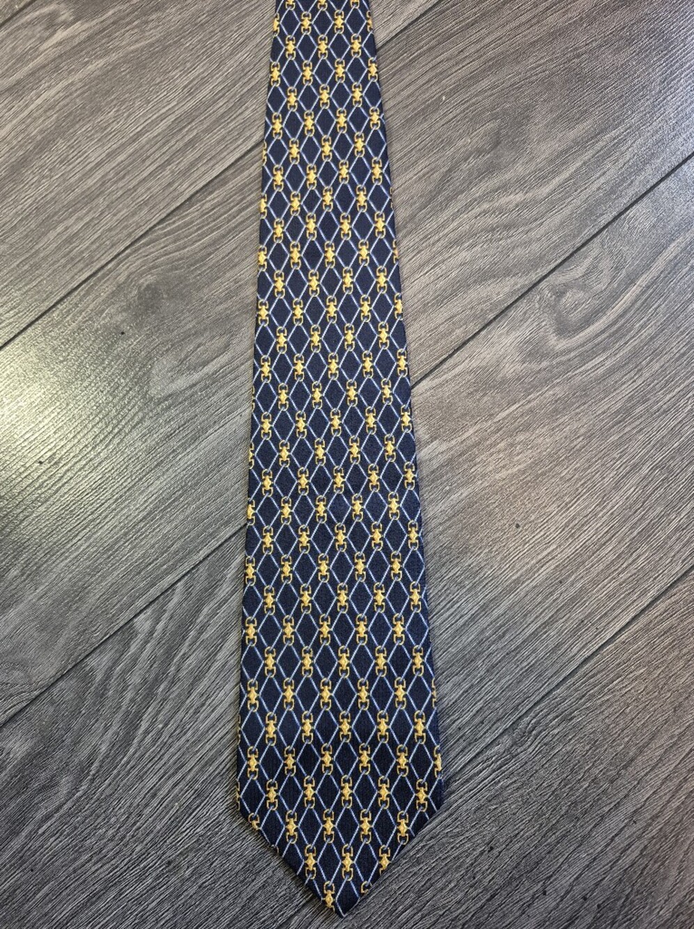 Vintage Charter Collection Silk Tie Navy Blue Gold Equestrian Chain Made in USA